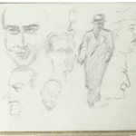 Sketchbook page by Mariano Bertuchi with pencil drawings of male faces in various styles and a central figure walking in a long coat.