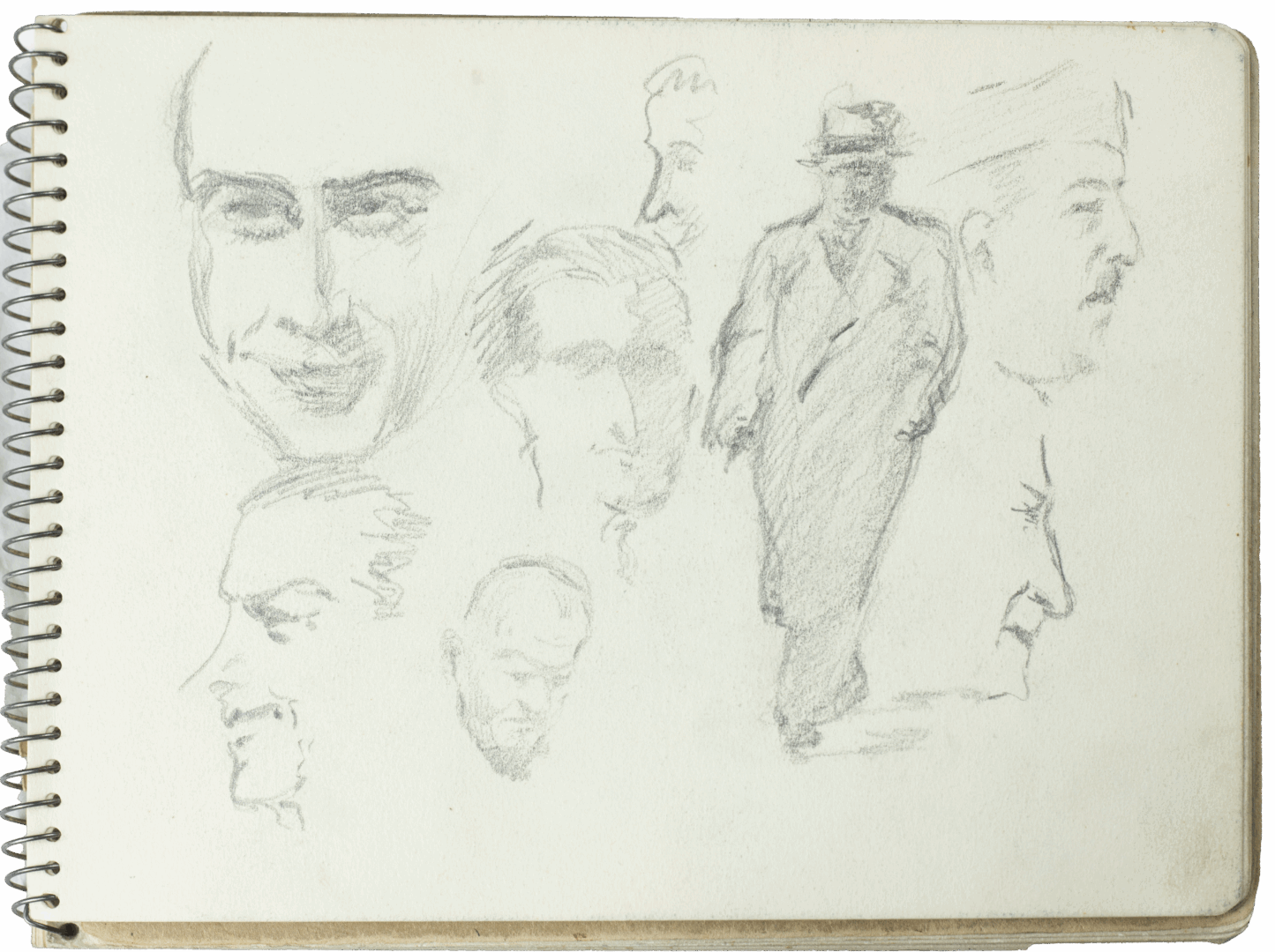 Sketchbook page with male portrait sketches and a central figure in a trench coat by Mariano Bertuchi.