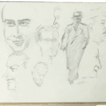 Sketchbook page with male portrait sketches and a central figure in a trench coat by Mariano Bertuchi.