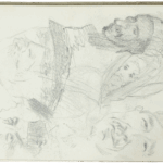 Sketchbook page with multiple head sketches and a draped central figure by Mariano Bertuchi.