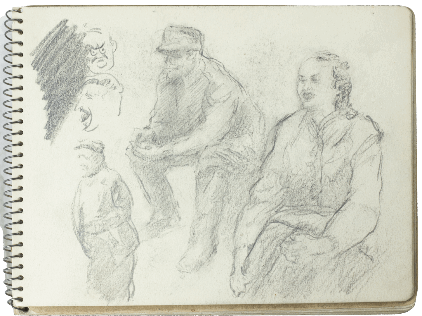 Sketchbook page by Mariano Bertuchi showing seated figures and caricature heads in pencil.