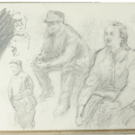 Sketchbook page by Mariano Bertuchi showing seated figures and caricature heads in pencil.