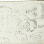 Sketchbook page with pencil portraits and caricatures by Mariano Bertuchi, showing varied facial expressions and drawing styles.