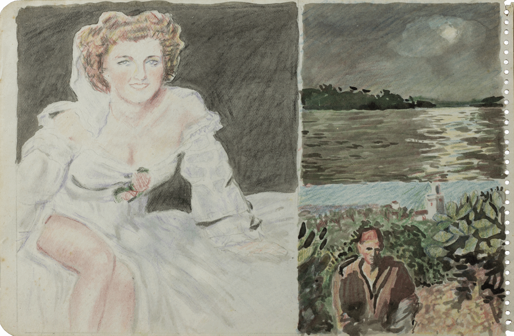 Watercolor artwork attributed to Mariano Bertuchi, depicting a bride, a river landscape, and a seated figure, 1950