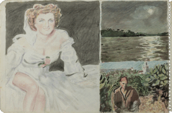 Watercolor artwork attributed to Mariano Bertuchi, depicting a bride, a river landscape, and a seated figure, 1950