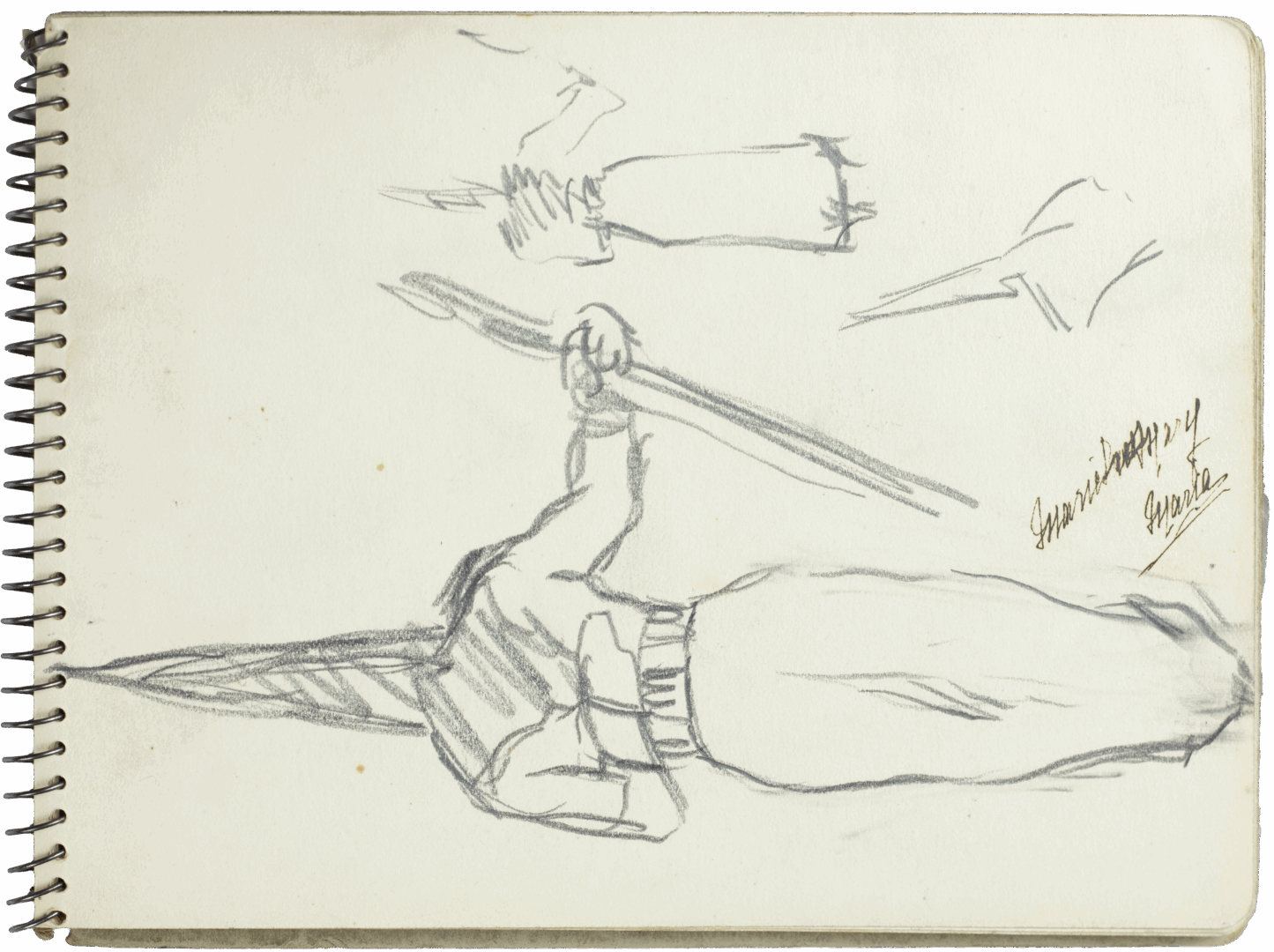 Sketch of extended arms and a hand grasping a long object, signed "Mariano Bertuchi, 1924, Granada" in pencil.