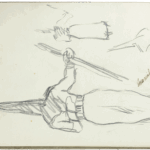 Sketch of extended arms and a hand grasping a long object, signed "Mariano Bertuchi, 1924, Granada" in pencil.