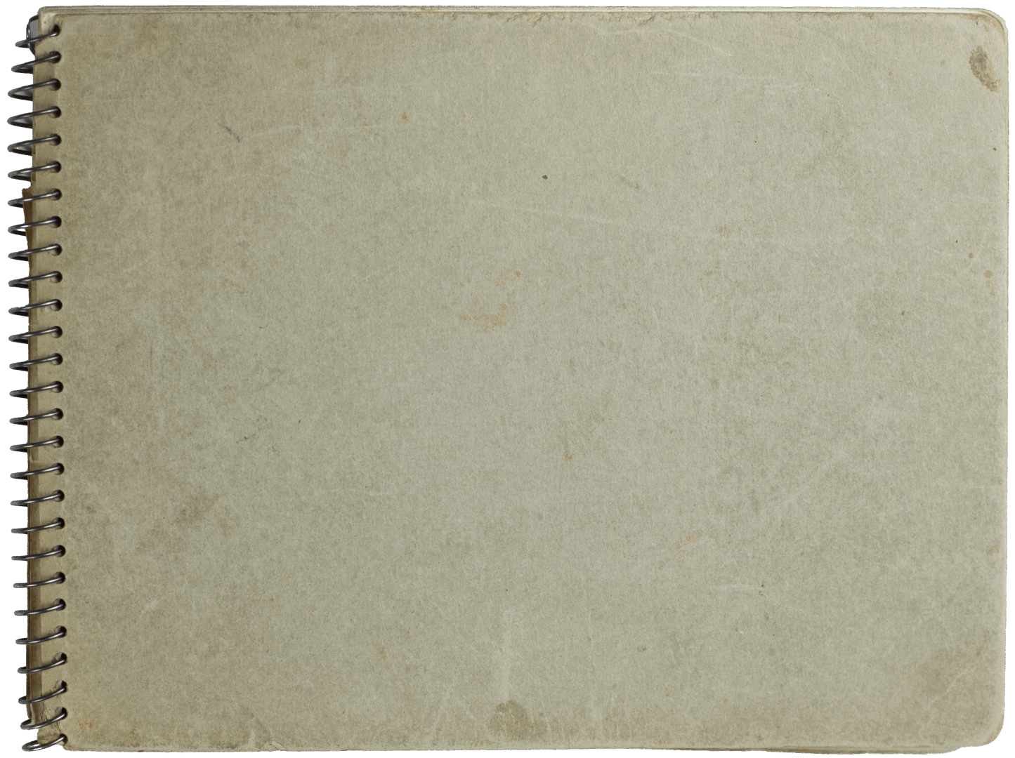 Outer cardboard back cover of a spiral-bound sketchbook showing signs of age and use.