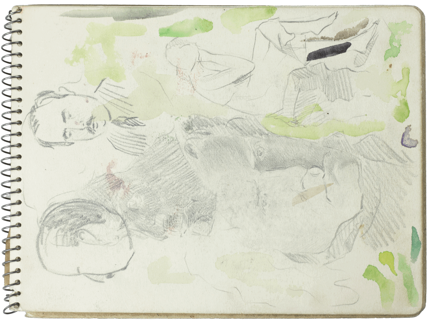 Page from Mariano Bertuchi’s sketchbook showing expressive face and gesture studies in pencil with touches of green watercolour.