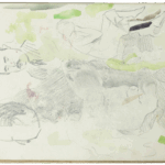 Page from Mariano Bertuchi’s sketchbook showing expressive face and gesture studies in pencil with touches of green watercolour.