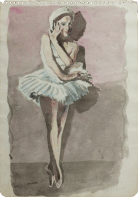 Watercolour of a ballerina in classical pose by Mariano Bertuchi, signed “Hugh Laing”, 1950