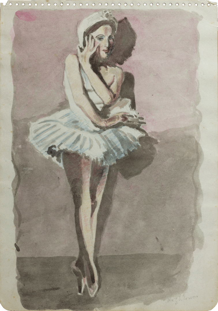 Watercolour of a ballerina in classical pose by Mariano Bertuchi, signed “Hugh Laing”, 1950