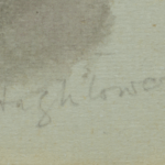 Detail of the “Hugh Laing” signature and 1950 date on Mariano Bertuchi’s ballerina painting