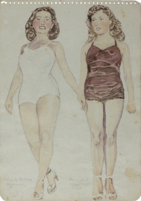 Watercolor of two women in swimsuits, attributed to Mariano Bertuchi, 1950