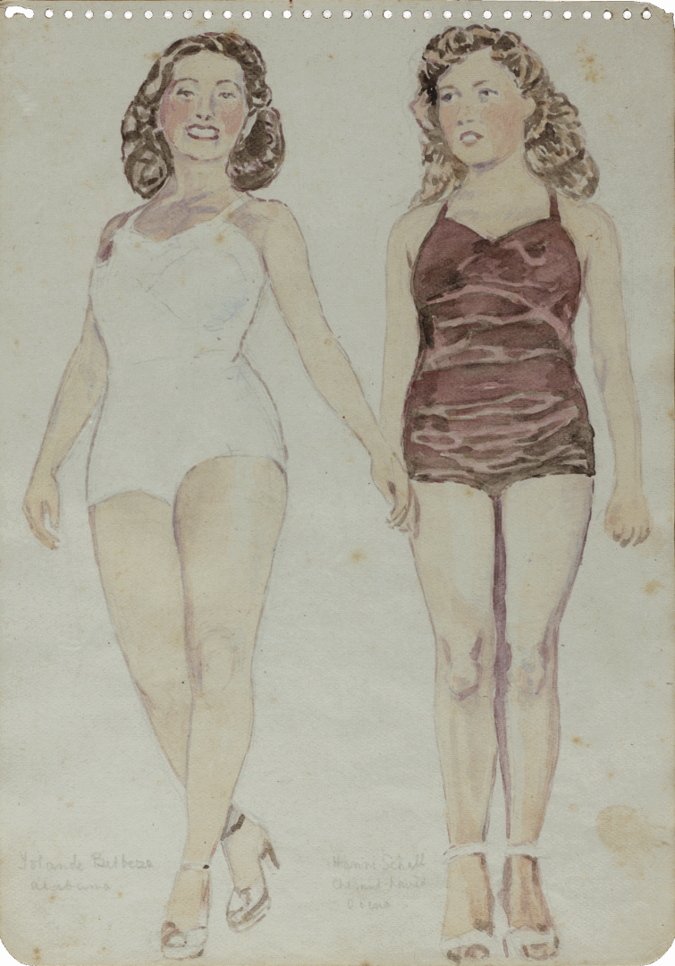 Watercolor of two women in swimsuits, attributed to Mariano Bertuchi, 1950
