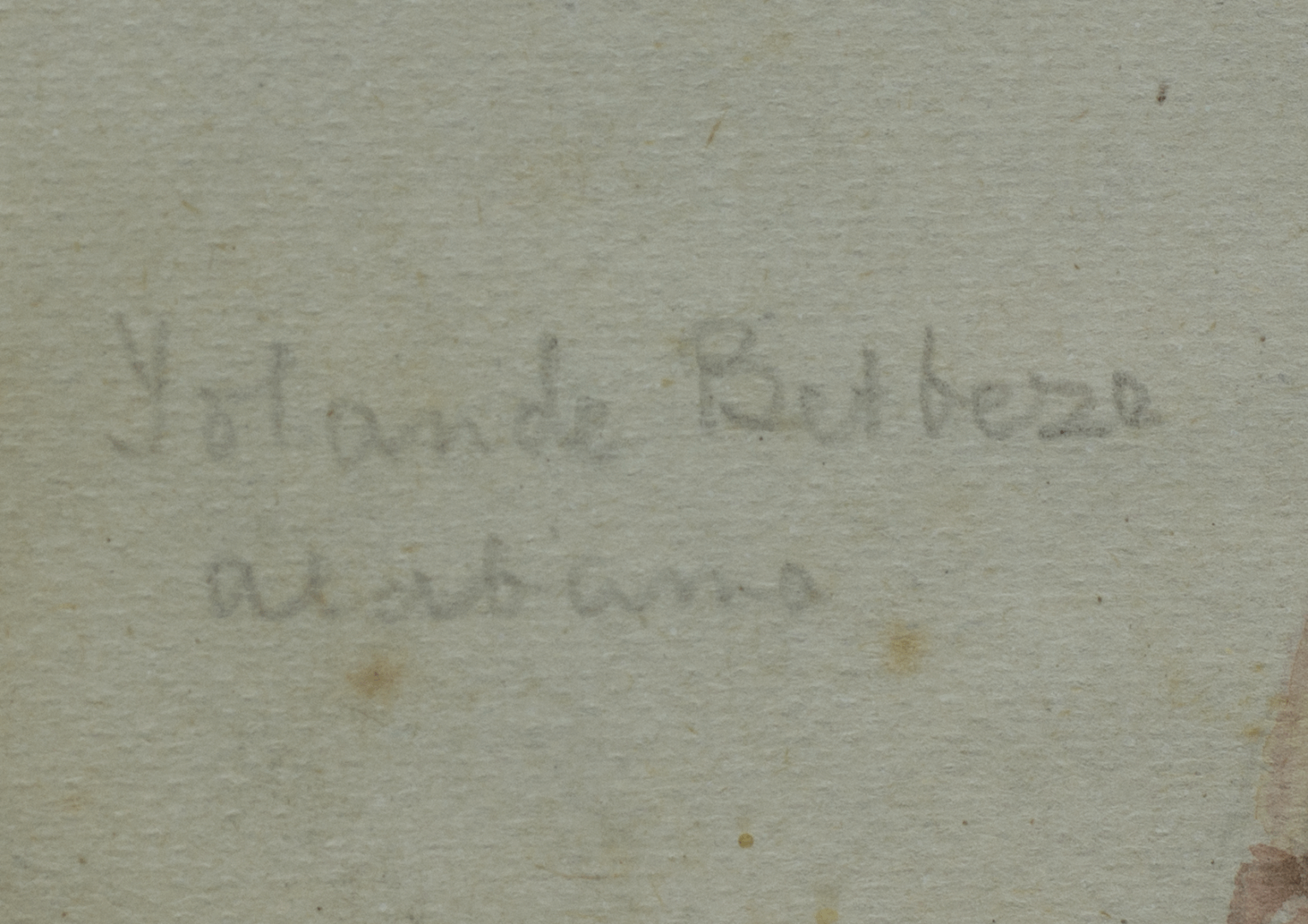 Pencil inscription reading "Yolande Betbeze, Alabama" below left figure