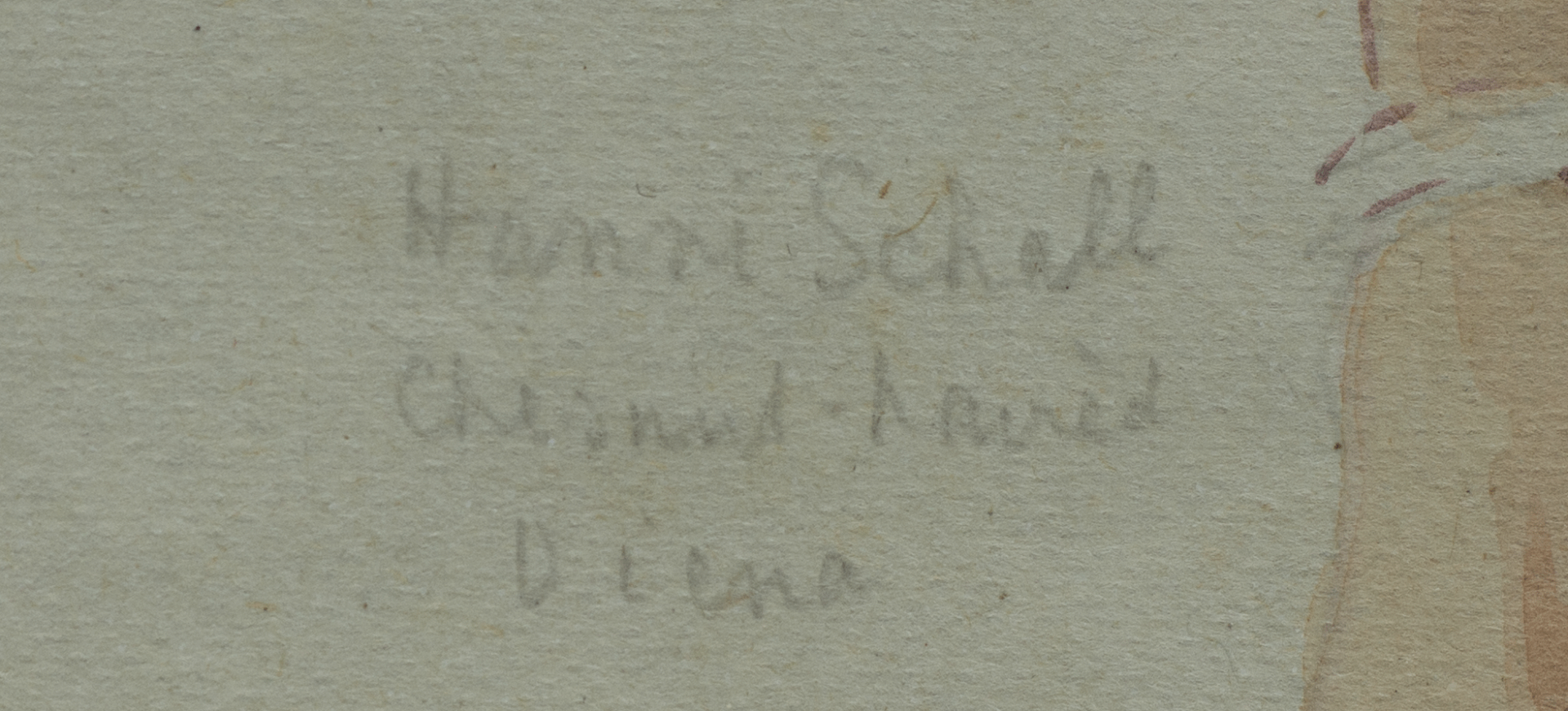 Pencil inscription reading "Henri Schall, Châtelard House, D’Lena" below right figure
