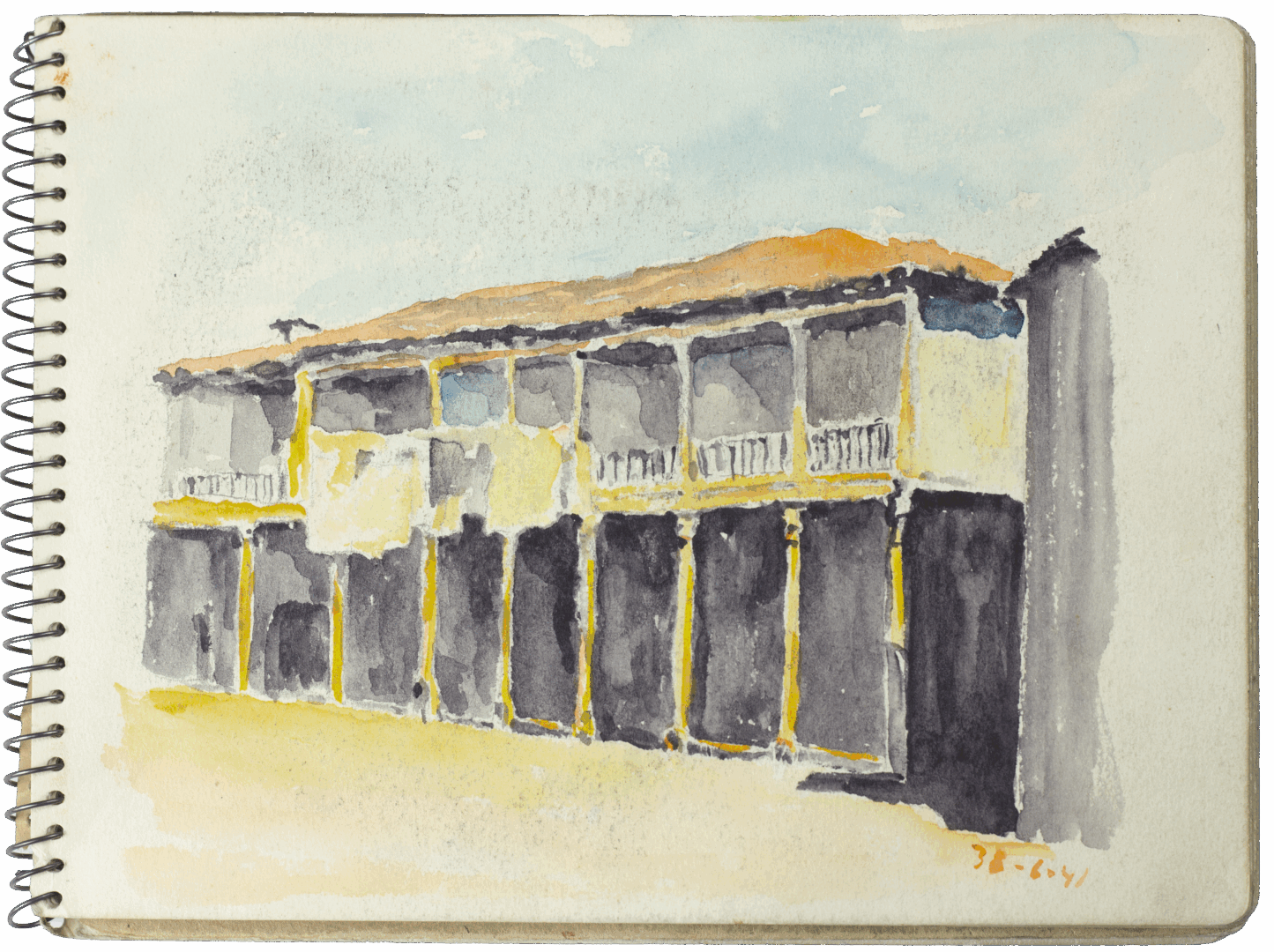 Watercolour sketch by Mariano Bertuchi of a two-storey colonial-style building with arcades and warm sunlight.