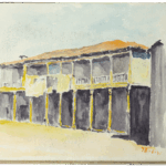 Watercolour sketch by Mariano Bertuchi of a two-storey colonial-style building with arcades and warm sunlight.
