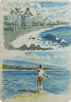Mariano Bertuchi – Untitled watercolor with beach and male figure, recto, c. 1950