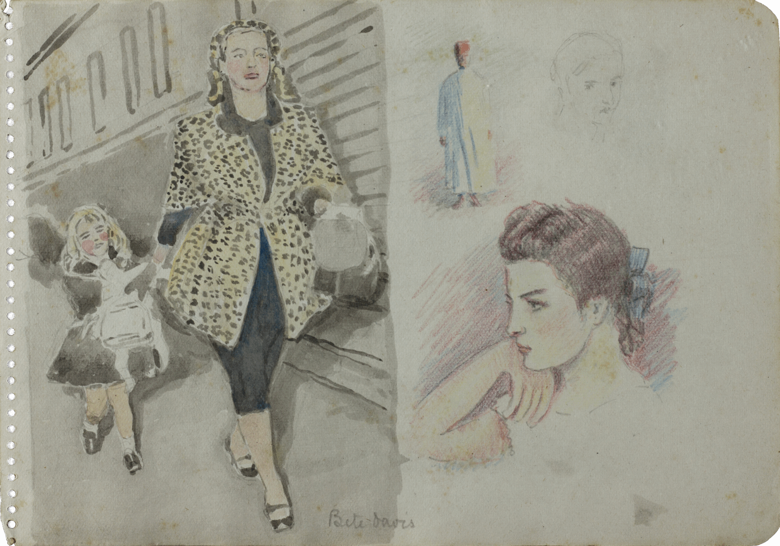 Double-sided watercolour by Mariano Bertuchi, showing “Bête Boris” scene and character studies.