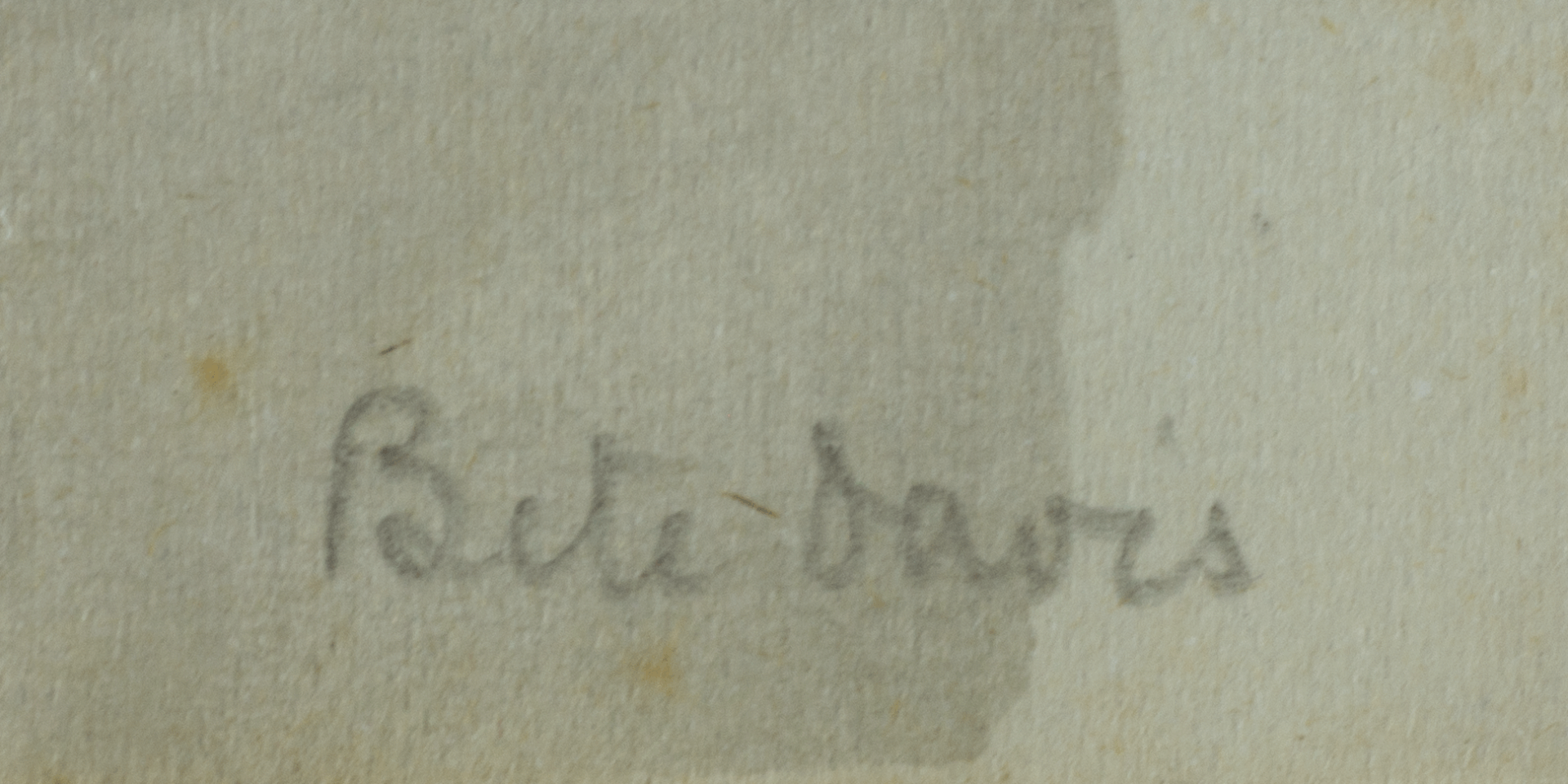 Detail of handwritten inscription “Bête Boris” on recto of watercolour by Mariano Bertuchi.