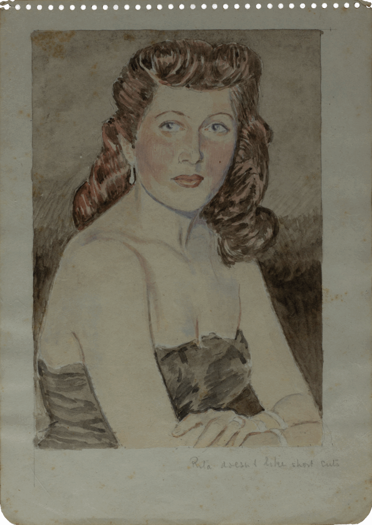 Watercolour portrait of a woman with handwritten text “Rita doesn’t like short cuts”, verso of sheet attributed to Mariano Bertuchi.