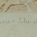 Detail of handwritten inscription “Rita doesn’t like short cuts” on verso of Mariano Bertuchi’s watercolour.