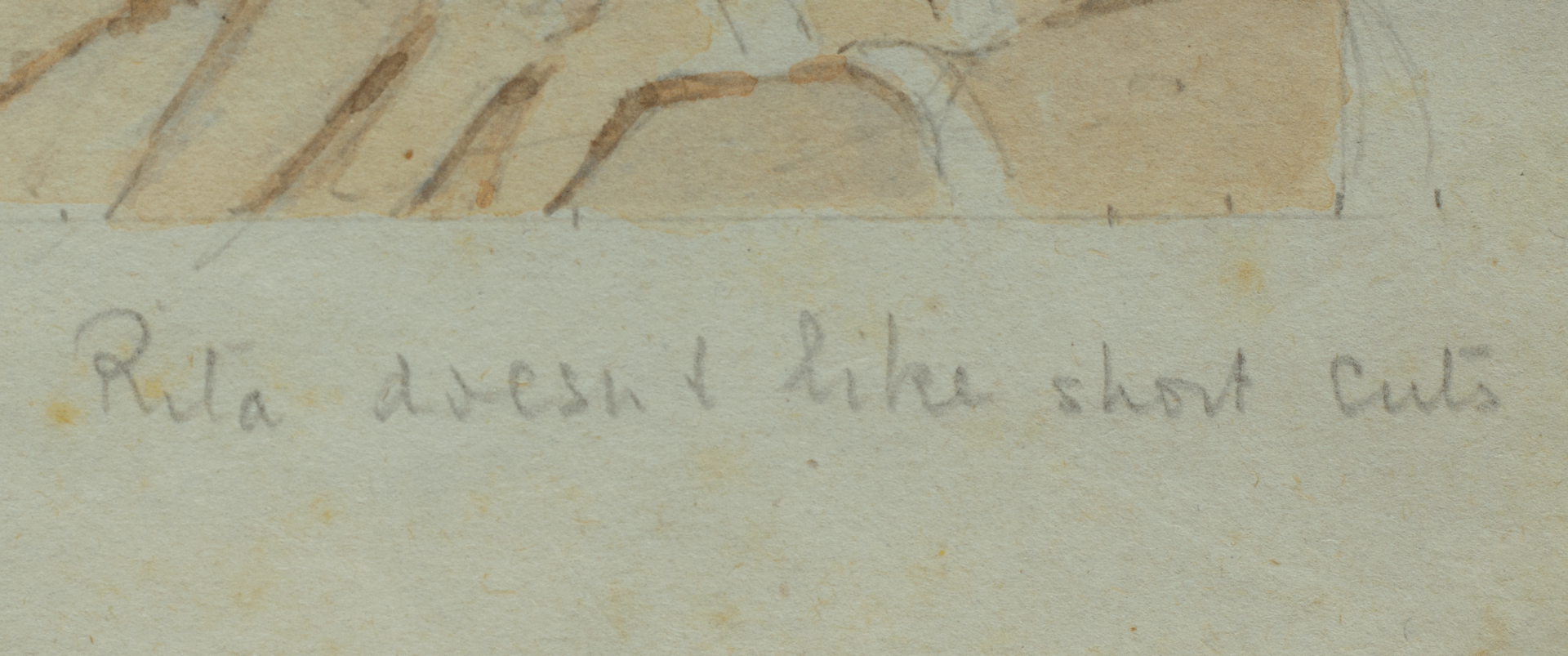 Detail of handwritten inscription “Rita doesn’t like short cuts” on verso of Mariano Bertuchi’s watercolour.