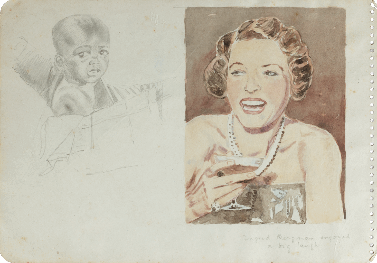 Double-sided artwork by Mariano Bertuchi featuring Ingrid Bergman and a child, 1950