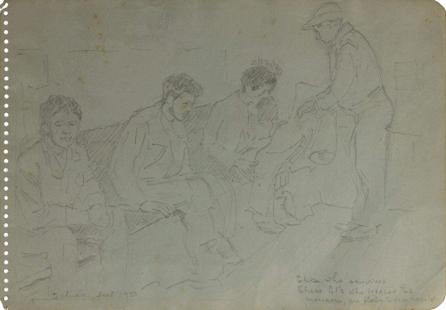 Pencil sketch of GI survivors on verso of Mariano Bertuchi’s double-sided work