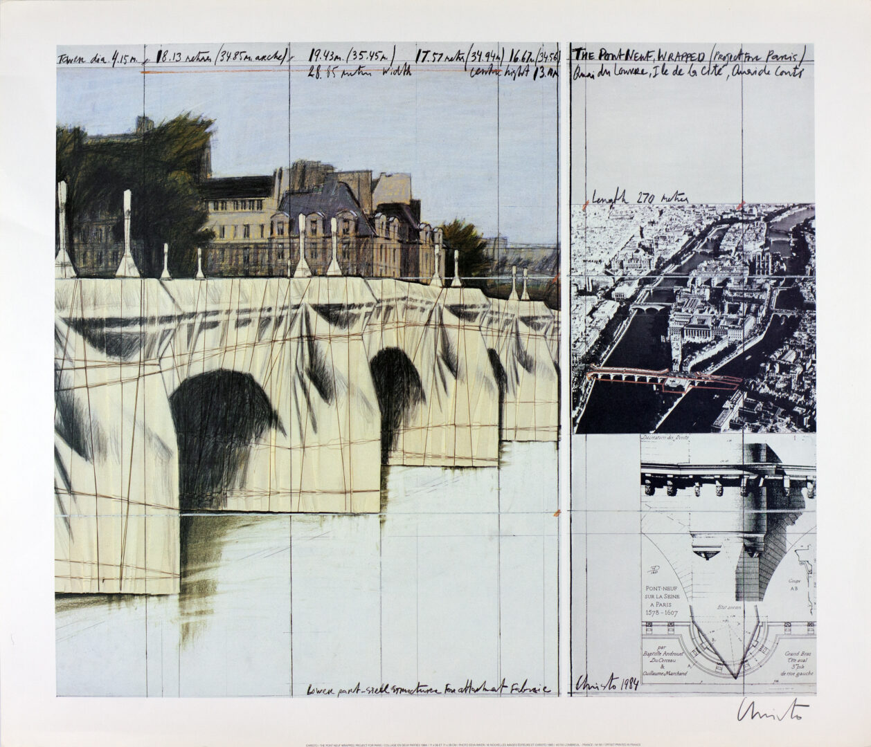 Christo – The Pont Neuf Wrapped, 1984/85. Front view of the offset print showing the wrapped bridge and urban plan.