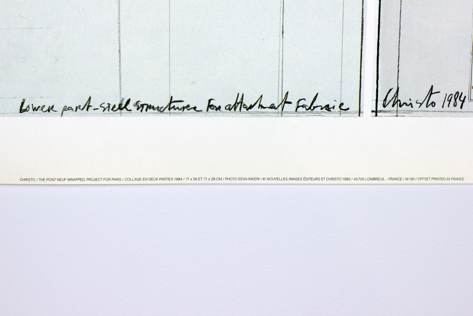 Christo – The Pont Neuf Wrapped. Detail of the handwritten annotation: "Lower part–steel structure for attachment fabric".