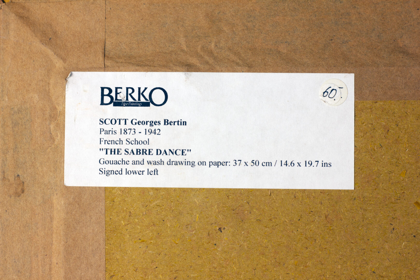 Label from Berko Gallery with artwork details for Georges Scott’s The Sabre Dance