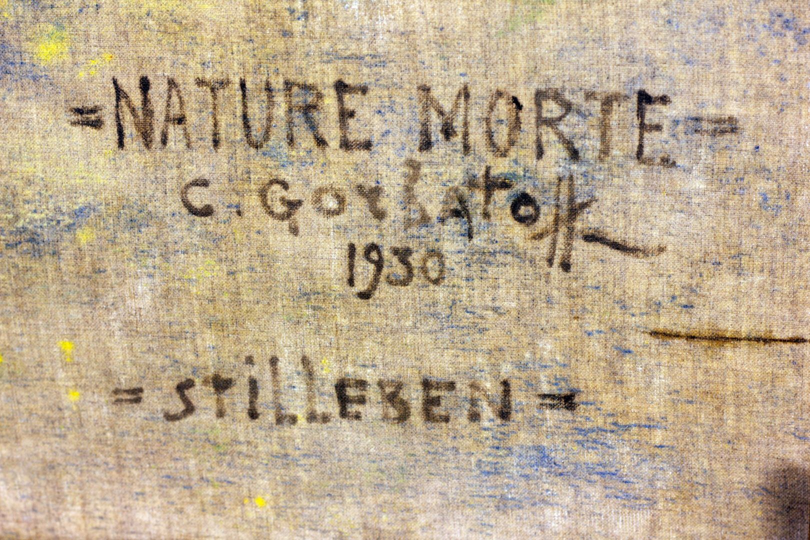 Close-up of Konstantin Gorbatov’s handwritten inscription on the reverse: “Nature Morte – C. Gorbatov – 1930 – Stilleben”.