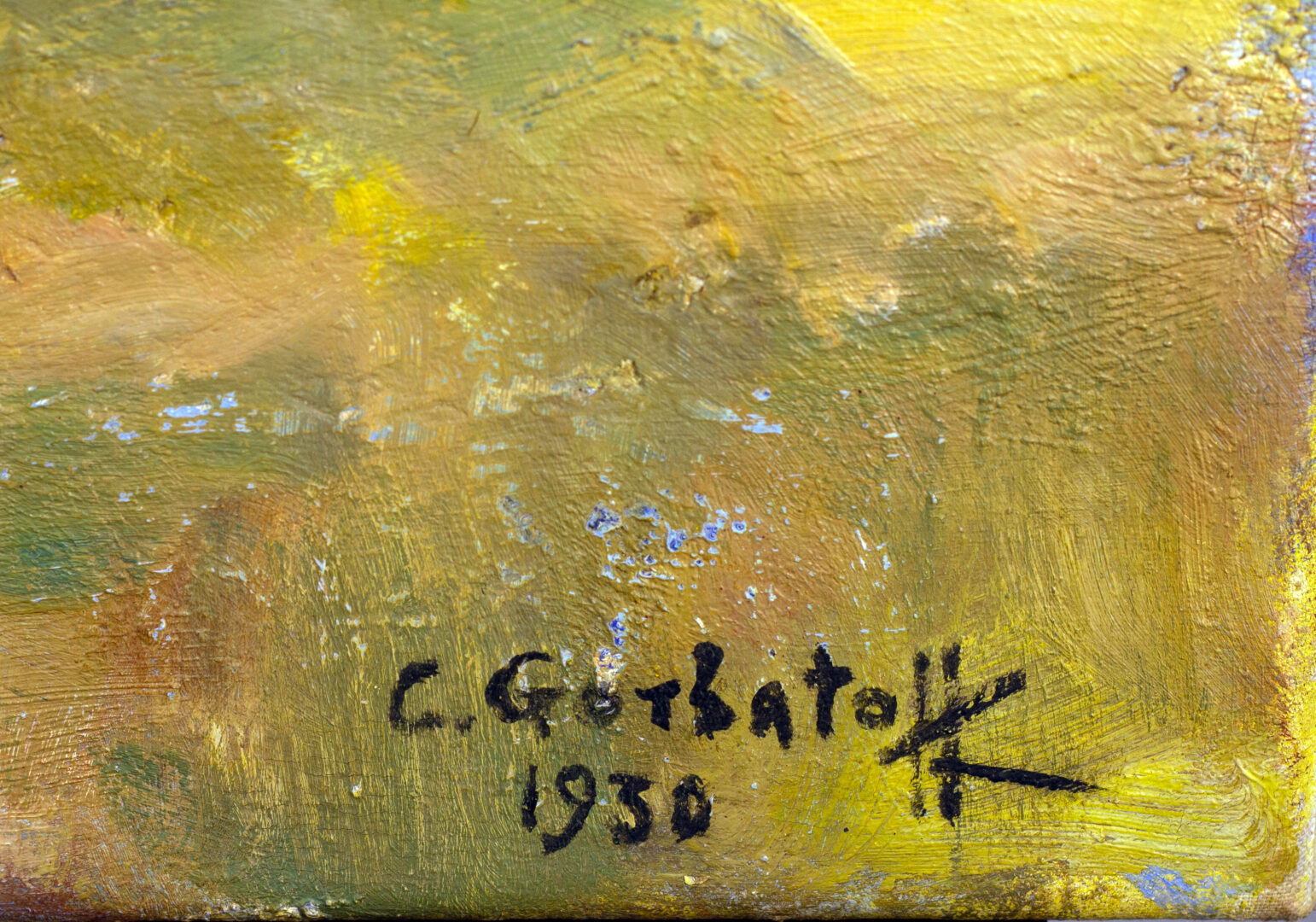 Detail of Konstantin Gorbatov’s signature and date “1930” painted in black in the lower right corner of the artwork.