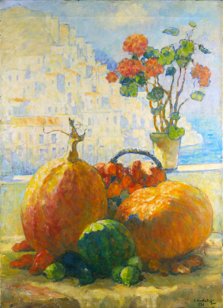 Front view of Still Life with Pumpkins and Geraniums (1930) by Konstantin Gorbatov, showcasing vibrant gourds and red geraniums against a sunlit Mediterranean backdrop.
