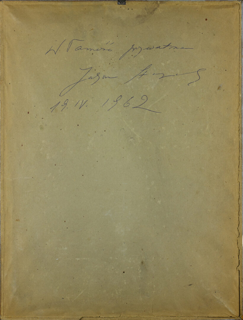 Back of the artwork with a handwritten Polish dedication in pencil, dated April 13, 1962.