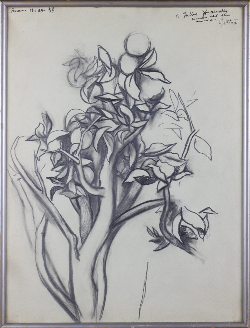 Framed charcoal drawing of flowers by Renato Guttuso, dated 1954 and inscribed to Julius Shusinsky.