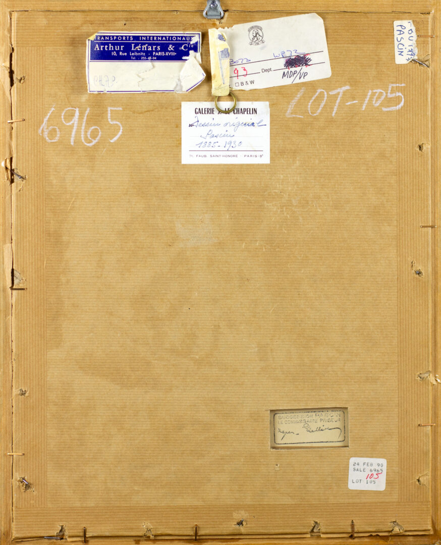 Full view of the verso of Jules Pascin's drawing "Two Figures with Flags", showing archival labels and handwritten notes.