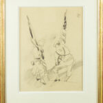 Framed view of Jules Pascin's pencil drawing "Two Figures with Flags", showing the artwork under glass with a gold frame.
