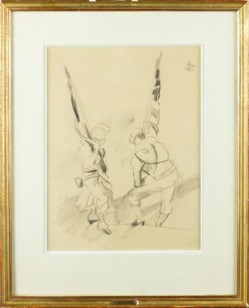 Framed view of Jules Pascin's pencil drawing "Two Figures with Flags", showing the artwork under glass with a gold frame.