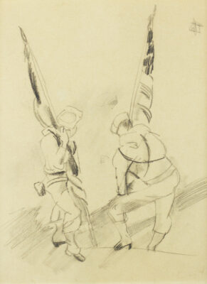 Unframed view of Jules Pascin's "Two Figures with Flags", pencil on paper with two standing figures holding flags.