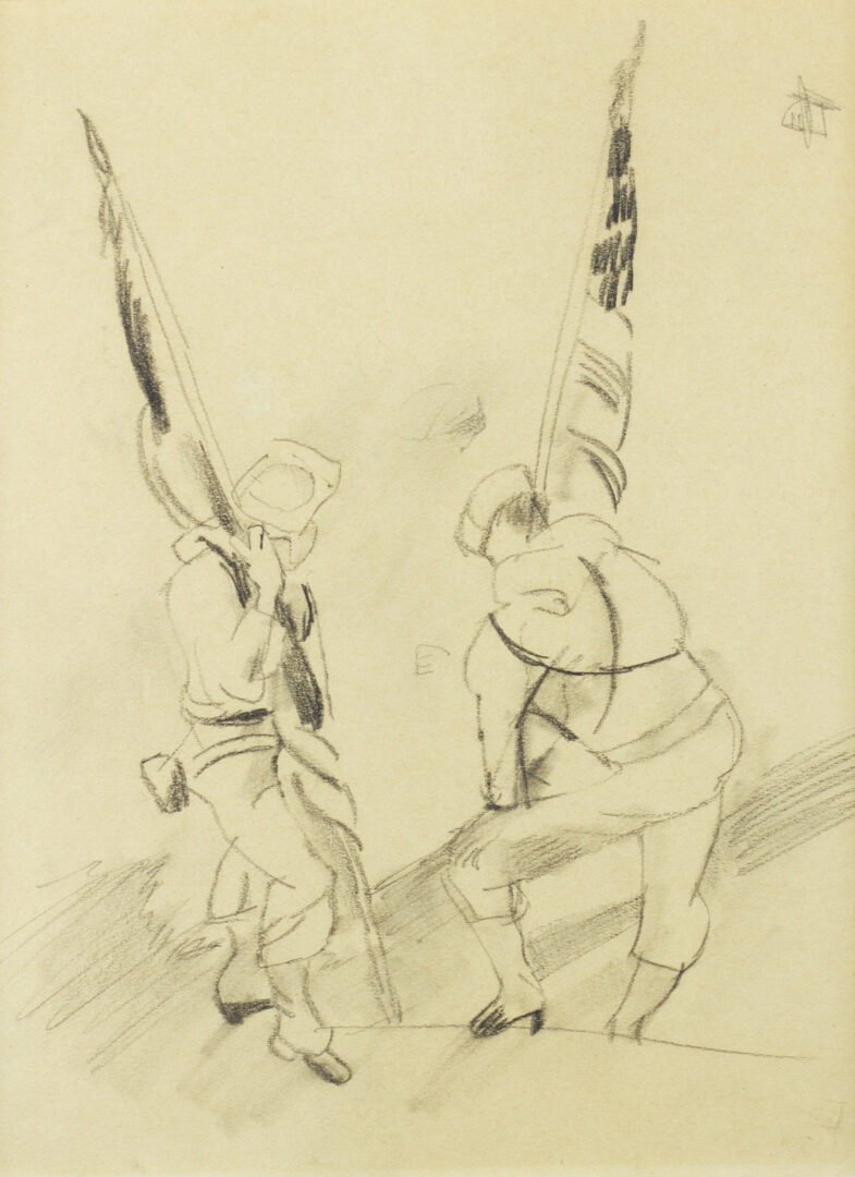 Unframed view of Jules Pascin's "Two Figures with Flags", pencil on paper with two standing figures holding flags.