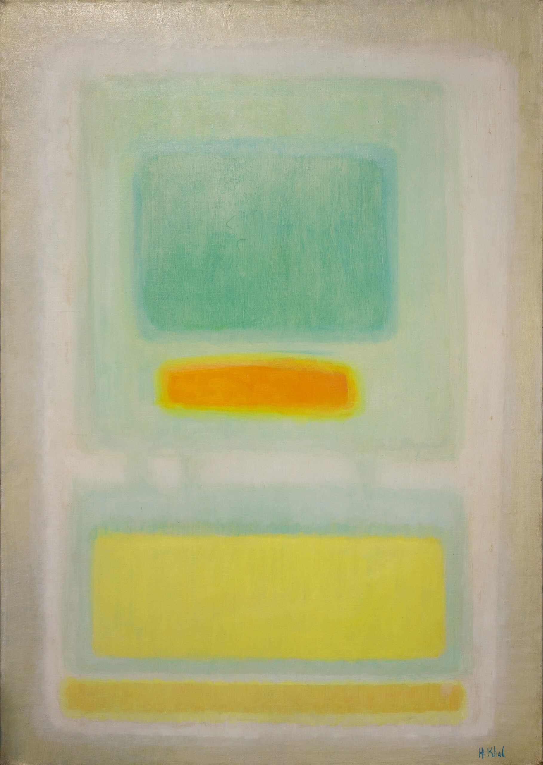 Helen Khal – Green over Yellow, ca. 1970, abstract painting in soft hues of green, yellow, and orange.