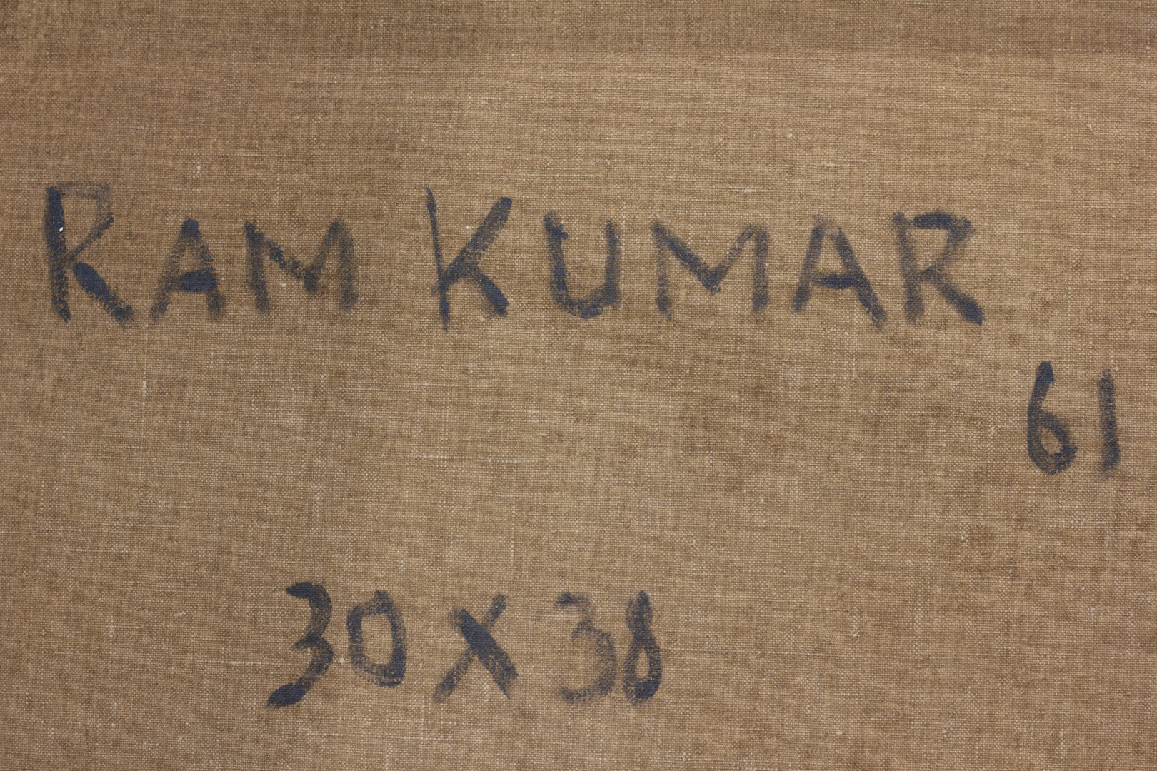 Back of canvas with handwritten inscription “Ram Kumar 61” and dimensions “30 x 38”