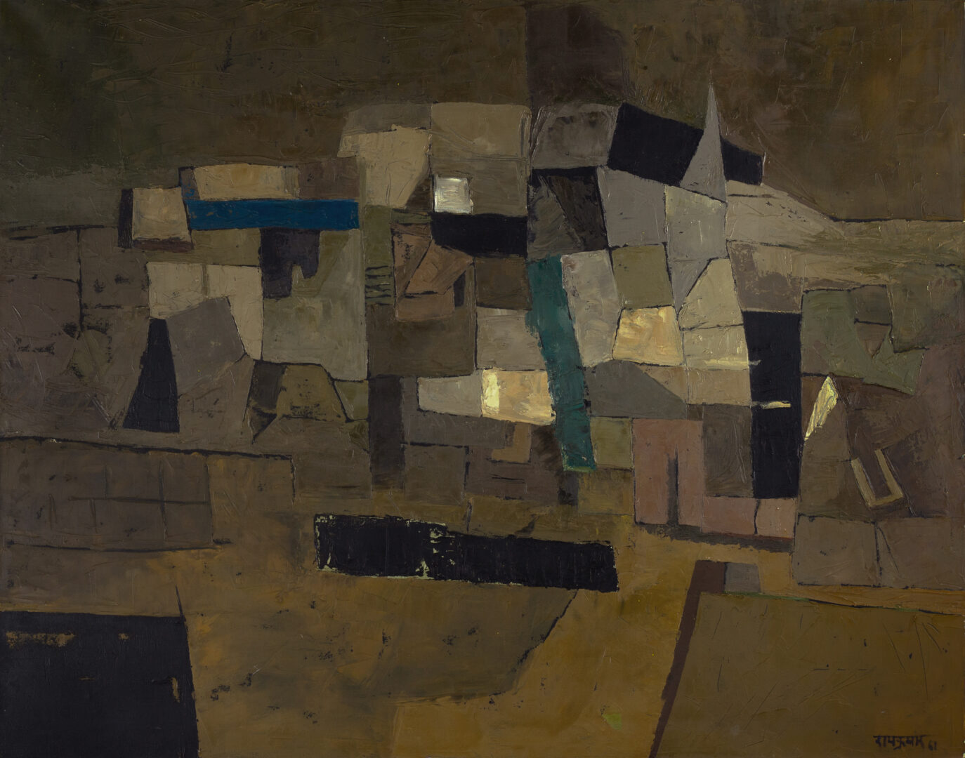 Ram Kumar painting Benares, 1961 – abstract cityscape in ochre, earth tones, and textured cubist blocks