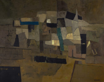 Ram Kumar painting Benares, 1961 – abstract cityscape in ochre, earth tones, and textured cubist blocks