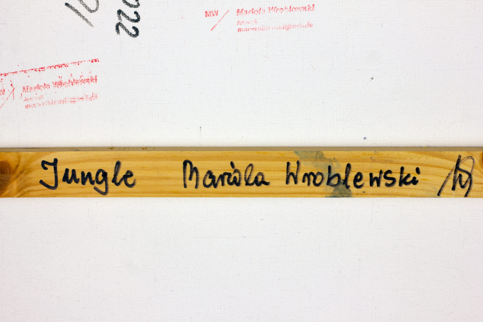 Handwritten signature and title “Jungle” by Mariola Wroblewski on back stretcher.