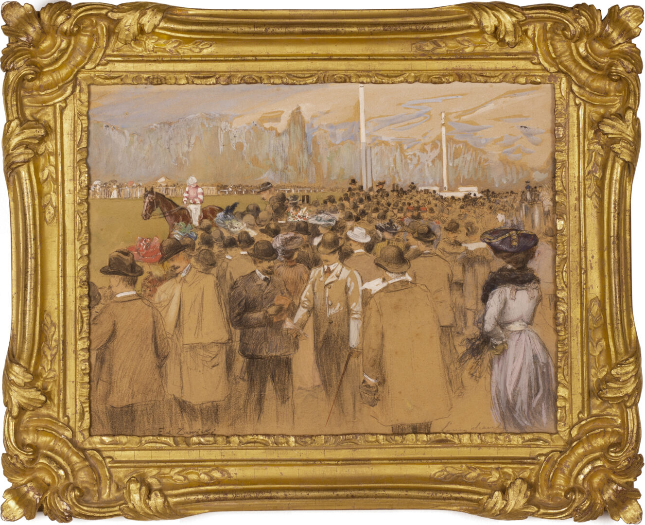 Framed drawing by Edouard Zawiski depicting spectators and jockeys at a horse race.